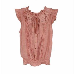 MINE Fashion Lace Tie Neck Flutter Sleeve Blouse